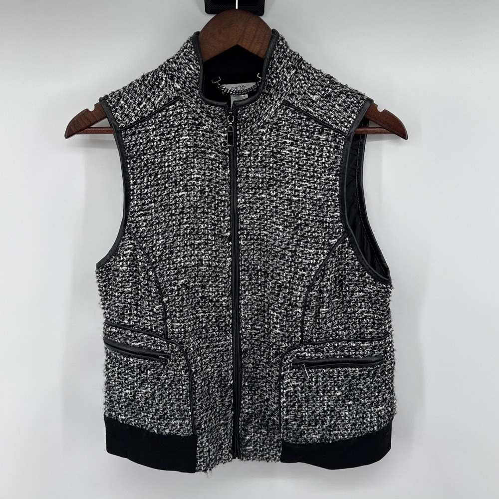 Cache Womens Black White Tweed Zip Up Vest Mock Neck Pleather Trim Size M